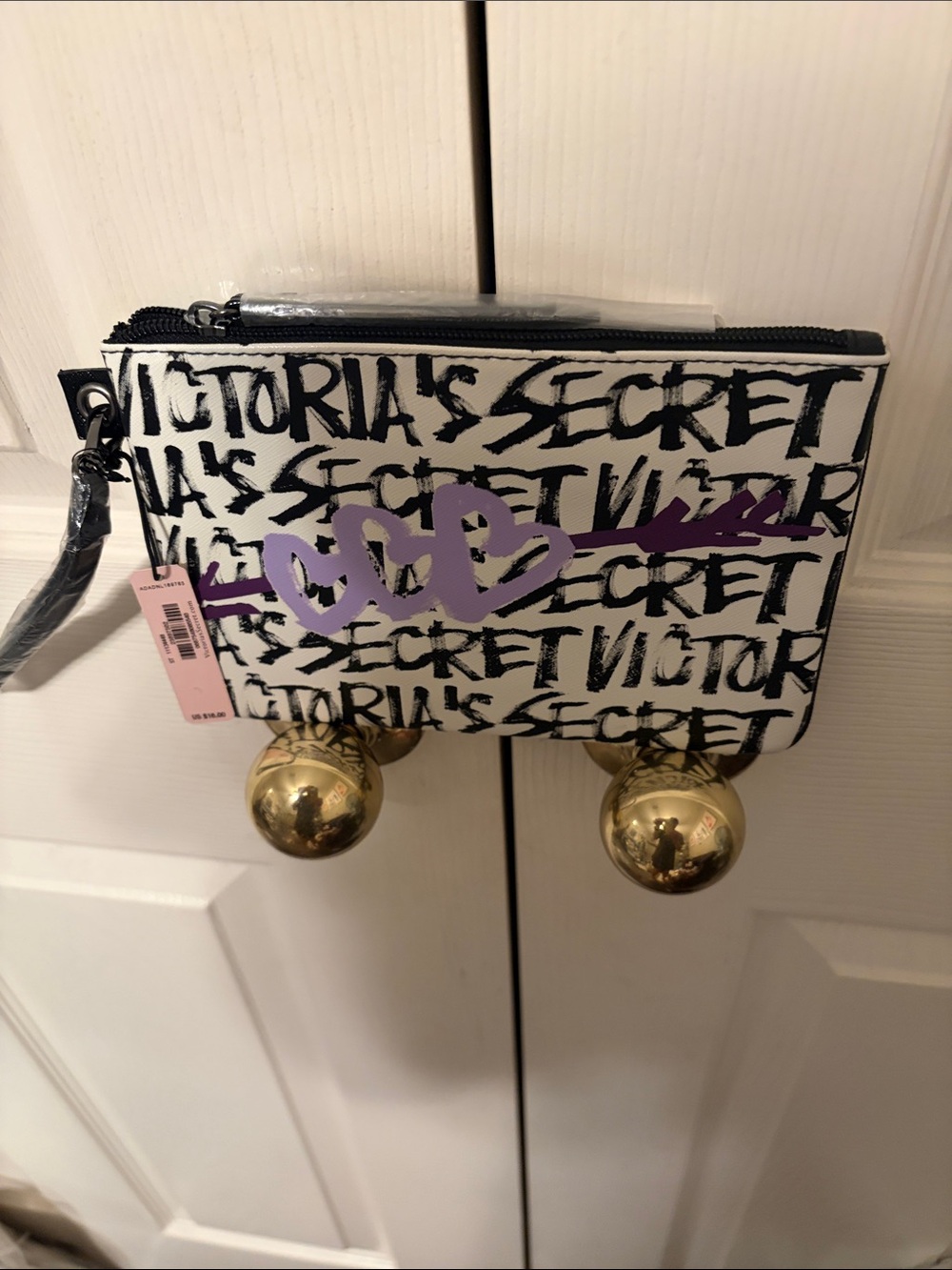 Victoria's Secret White Black Graffiti Wristlet with Purple Heart Accent